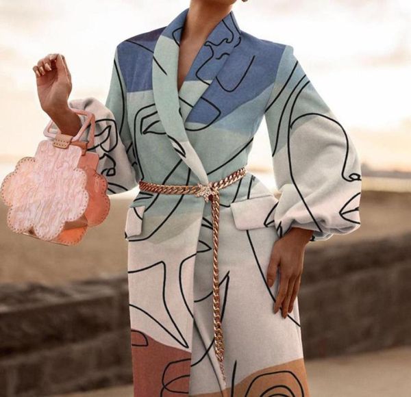 

pocket long outer blends autumn winter printed woolen coat women elegant turndown collar cardigan jacket lady lantern sleeve wome54750625, Black