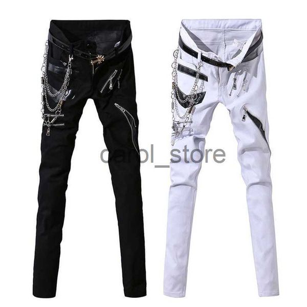 

men's jeans men hip hop jeans with chain patchwork punk gothic party stage multi zippers leather performance pants for man j230806, Blue