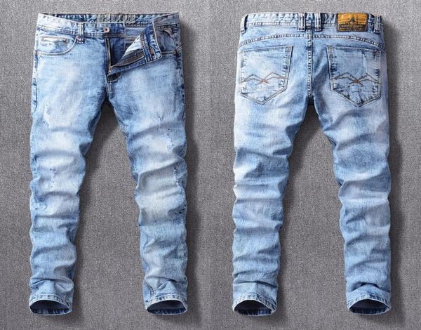 

men039s jeans ly designer fashion men retro light blue elastic slim fit ripped vintage casual denim frayed hole plain pants6461425