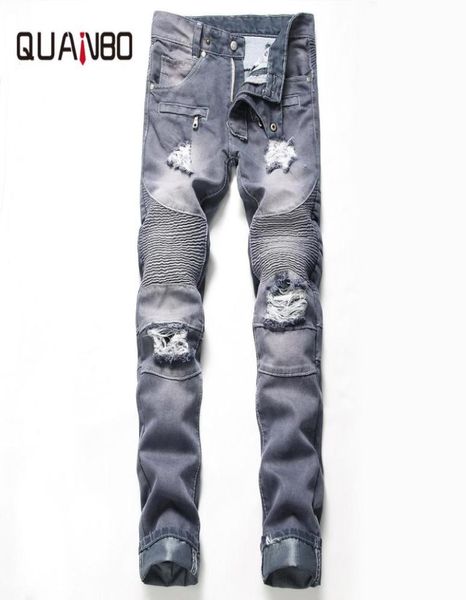

new arrival men nostalgia retro jeans fashion ripped moto biker jeans designer beggar denim pants big size brand clothing7171843, Blue