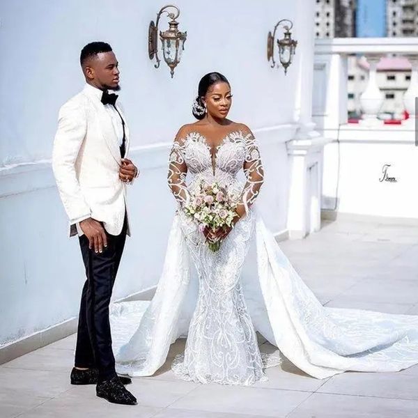 

african plus size lace mermaid wedding dresses 2024 detachable train sheer long sleeves beaded lace appliqued bridal gown custom, White