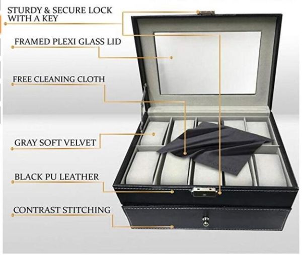 

watch box organizer pillow case 20 slot luxury premium display cases with framed glass lid elegant contrast stitching sturdy s70754596493, Black;blue