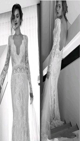 

lihi hod bohemian beach wedding dresses full lace long sleeves v neck sweep train bridal gowns custom made open back3716796, White