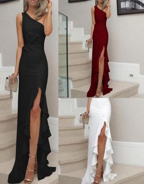 

new summer women dress one shoulder ruched ruffle formal evening party dress slim maxi long dresses vestidos8322936, Black;gray
