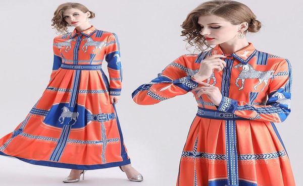

casual dresses vintage autumn midi women mideast horse print anklelength turndown collar elegant long sleeve fashion dress 20216776372, Black;gray