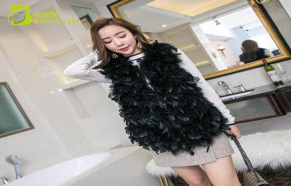 

fashion autumn winter patchwork women ostrich feather fur vest coats short real fur vest genuine natural ostrich jackets2213672, Black