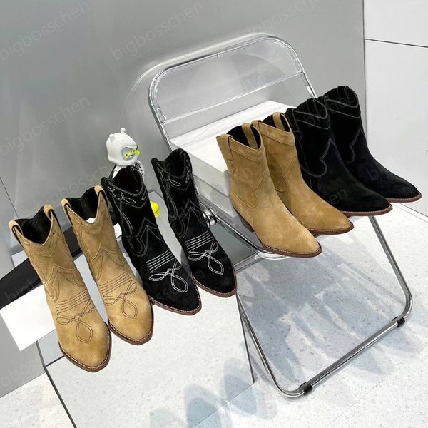 

luxury designer shoes chunky heel ankle boots pointed toes western cowboy boots carved motorcycle combat boots arc de triomphe fashion women, Black