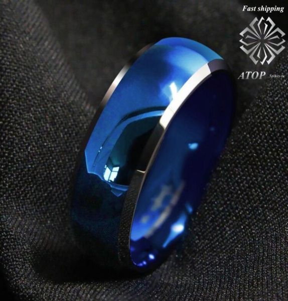 

8mm men039s tungsten ring blue domed with beveled silver edges wedding rings y190522016326342, Slivery;golden