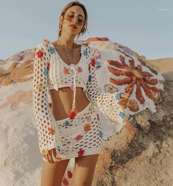 

glamorous 2 pieces crochet bikini coverups boho appliques hollow out women beach wear swim suit cover up and skirts a530184904923936, White;black