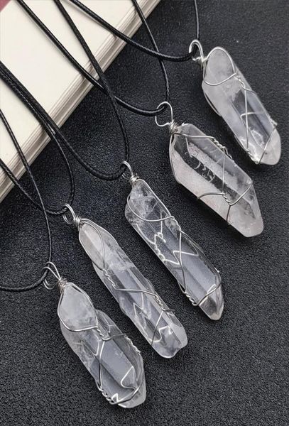 

wire wrap white pillar reiki healing crystal pendant irregular energy stone quartz rope chain necklaces fashion women men jewelry 6242326, Silver