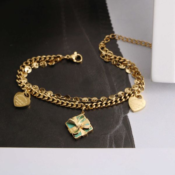 

designer titanium steel 18k gold fashion sweet style tiffay classic blue gift box love double layer bracelet female, Black