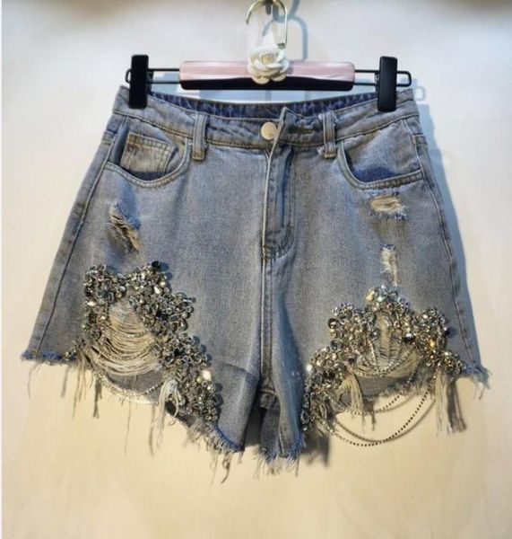 

european holes pants 2019 spring summer woman039s new heavy beads with drilled chains jeans shorts lady denim shorts2617428, Blue