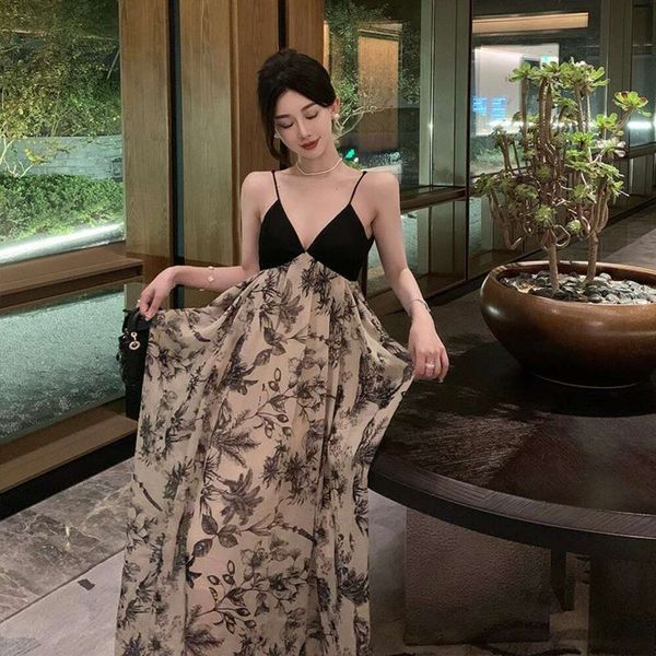 

mosaic french retro landscape dress cool v neck backless ink chinese style holiday halter for women, Black;gray
