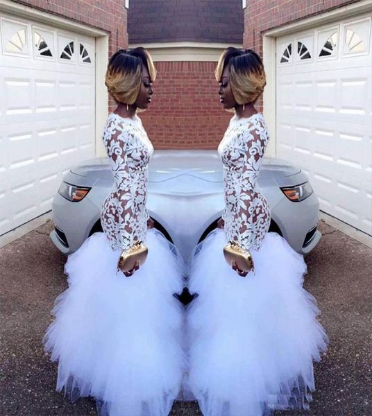 

2019 african black girls prom dresses with white mermaid lacelong sleeves ruffles tulle floor length plus size formal evening wear4235469