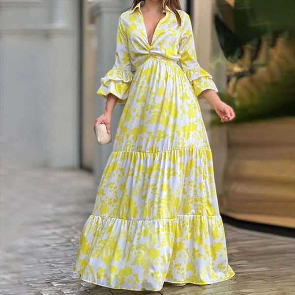 

summer womens dress unique casual print deep v neck flare sleeve long, Black;gray