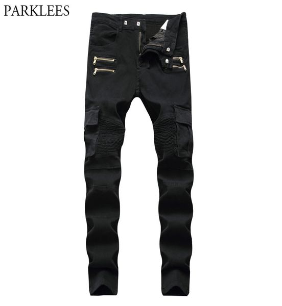 

black biker cargo jeans pants men 2018 brand new folds pocket pencil jeans homme zipper casual runway distressed motorcycle jean8611915, Blue