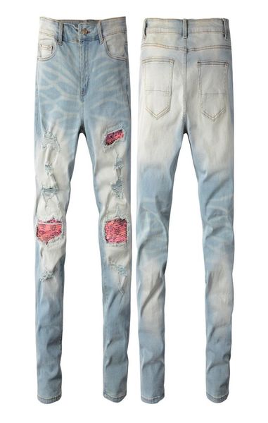 

2021 mens jeans distressed motorcycle biker jean rock skinny slim ripped hole letter uality brand hip hop denim pants 65895821335, Blue