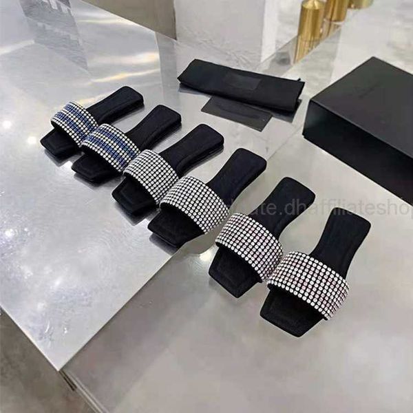 

alexandria slippers slides sandal shoes wang king diamond flip flops for women with flat bottoms worn externally 2023 new summer square head, Black