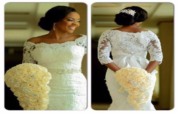 

african wedding dresses with long sleeve elegant sash beading 2016 vestido de noiva boat neck long bridal dress wedding wear5438574, White
