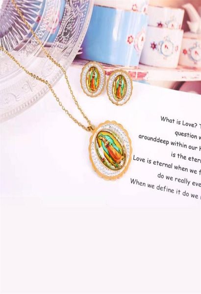 

1 mother virgin mary necklace earrings pendant set 14 k fine solid gold gf cz catholic religious crystal jewelry set gift 104 u24406971, Silver