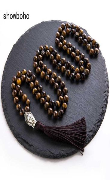 

pendant necklaces 8mm natural yellow tiger eyes beaded and knotted japamala necklace 108 mala meditation yoga tibetan buddha head 3535342, Silver