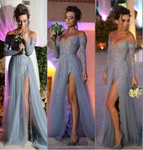 

long sleeve off shoulder tulle lace evening dress sweep train applique aline grey formal prom gowns with side slit3978444, Black;red