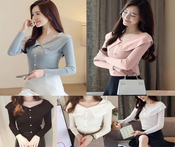 

autumn women button sweater temperament kintted long sleeve turndown collar black sweater fall winter clothing feme4419926, White;black