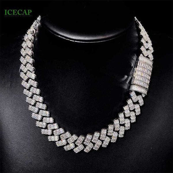 

hip hop jewelry vvs moissanite 2 rows baguette cut diamond cuban link chain 925 silver men cuban necklace