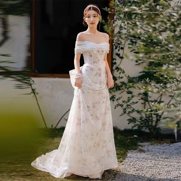

casual dresses mermaid wedding dress off shoulder boho sleeveless lace appliques bridal gown backless lace up shiny blingbling tulle train v, White