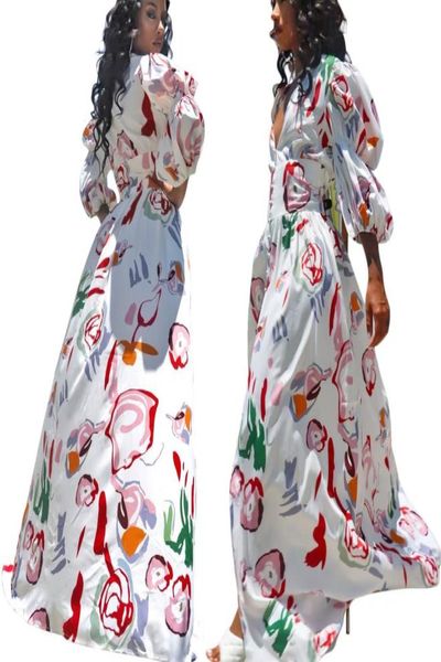 

florals printing party dress charing 34 sleeves buttons v neck charming lady maxi dresses floor lengh 20215786463, White;black