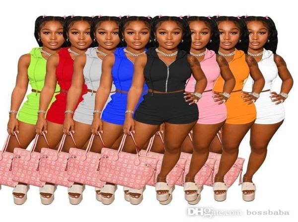 

2023 summer tracksuits designer hoodie sleeveless zipper and shorts two piece sportswear women short set 7 colours7196691, Gray