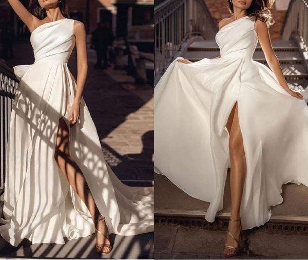 

one shoulder simple satin a line wedding dresses for brides with long chapel train boho garden bridal gowns split side sleeve2220482, White