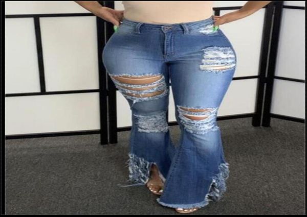 

denim flare pants hollow out ripped jeans fringe ruffle high waist bodycon hole women trousers club outfits2454077, Blue