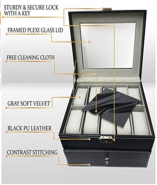 

watch box organizer pillow case 20 slot luxury premium display cases with framed glass lid elegant contrast stitching sturdy s70759485401, Black;blue