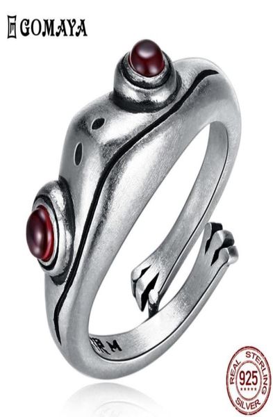 

gomaya 925 sterling silver ring frog retro personality creative animal red garnet frog open adjustable rings fine jewelry 22045893, Slivery;golden