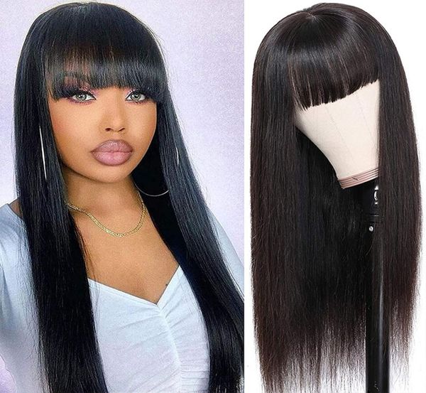 

brazilian black long wig with neat bangs synthetic silky straight wigs for women 24 inches daily wear heat resistant fiber no lace1208115