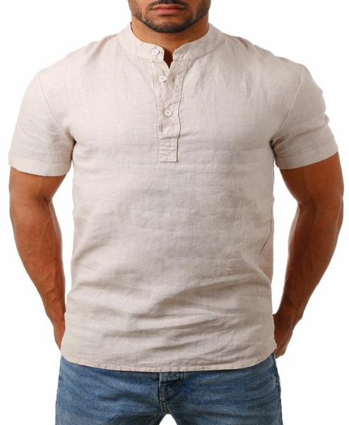 

fashionable mens t shirt summer outdoor fashion sportswear slim breathable standing collar cotton hemp pure color short sleeves3192383, White;black
