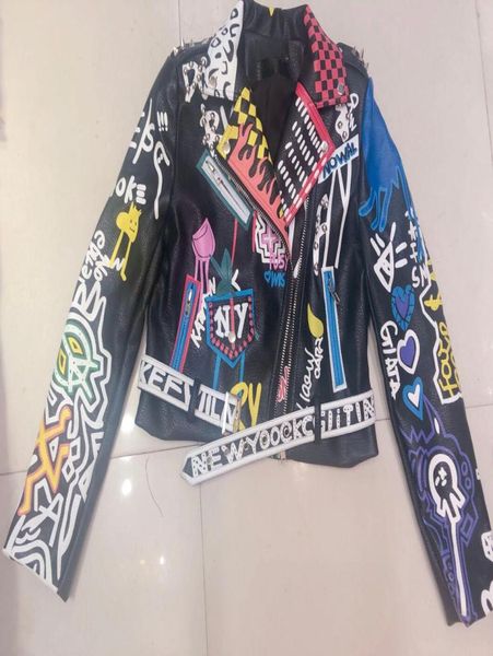 

leather jacket women graffiti colorful print biker jackets and coats female streetwear faux pu jacket ladies outerwear clothes w897137958, Black