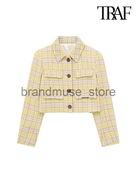 

women's jackets traf women fashion with flap cropped tweed blazer coat vintage long sleeve button-up female outerwear chic j230806, Black;brown