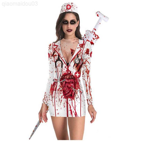

theme costume halloween horror role blood nurse short pack hip short dress cosplay zombie nurse uniform come l230804, Black;red
