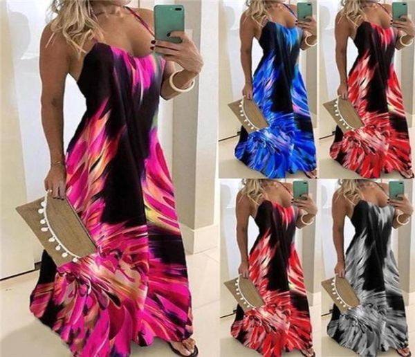 

size plus women spaghetti strap long dress v neck printed boho maxi dress big swing summer beach dresses party tunic robe7044461, Black;gray