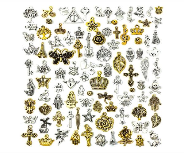 

100pcs whole bulk lots jewelry making charms mixed antique silvergolden alloy charms pendants diy for necklace bracelet jewel8714240, Bronze;silver
