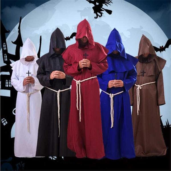 

theme costume ataullah halloween monk wicca cloak robe for men and woman larp witch come carnival party ghost vampire cosplay dress dw002 l2, Black;red