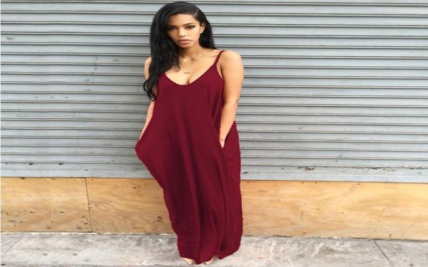 

fashion-womens solid color maxi drs female spaghetti strap summer v neck drs with pockets 782595, Black;gray