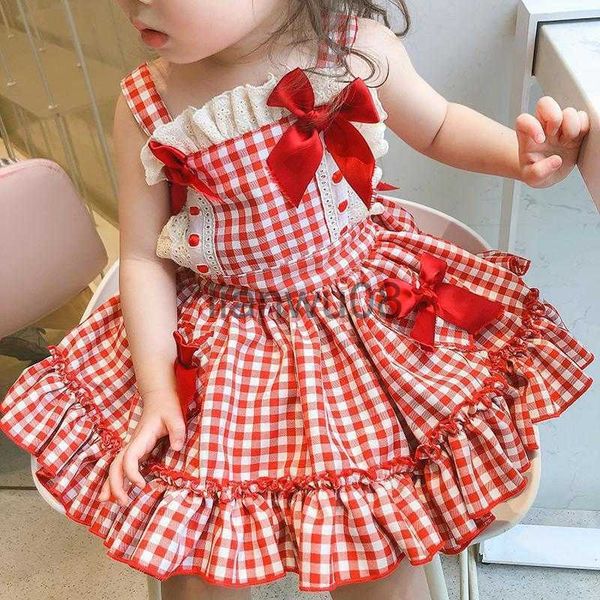 

girl's dresses summer fashion baby girls cotton red plaid backless bow tie lace strapes lolita dress kids lovely outfits clothing for 2, Red;yellow