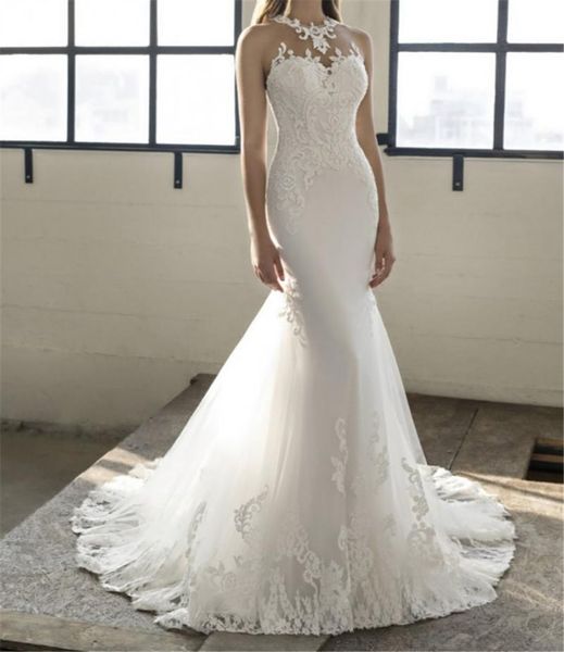 

sheer mermaid lace appliques wedding dresses sleeveless custom made with buttons back bridal gowns sleeveless robe de mariee sprin1367490, White