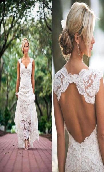 

elegant 2020 full lace pastoral style sheath wedding dresses ivory v neck capped bridal gowns keyhole back beach maternity wedding5936703, White