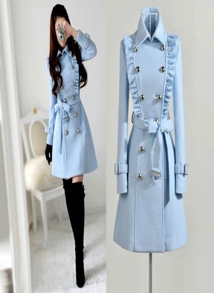 

winter women coats new women039s light blue navy doublebreasted ruffled longsleeved woolen coat women coat5778989, Black