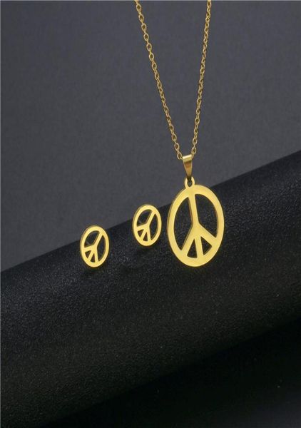 

pendant necklaces small gold stainless steel round world peace sign symbol chain necklace sets choker for women collier antiwar j8482743, Silver
