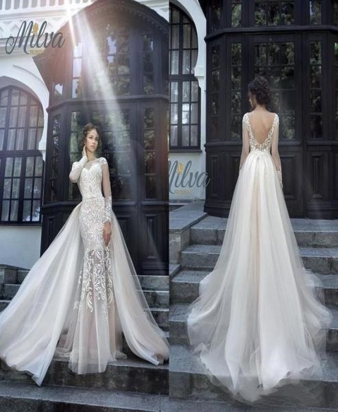 

gorgeous milva bridal wedding dresses illusion long sleeves low back lace mermaid wedding dress with detachable skirt3618296, White